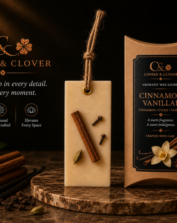 The Essence A handcrafted wax sachet infused with the warm, comforting blend of cinnamon, clove and vanilla—rich, sweet and inviting. Where to Use Perfect for wardrobes, cupboards, drawers, bedrooms, cars, bathrooms and other small spaces. Why You’ll Love It Naturally Made | Long-Lasting Fragrance | Handcrafted with Care